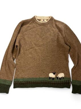 Woolrich Brown Crewneck Sweater with Green Border and Sheep Motif